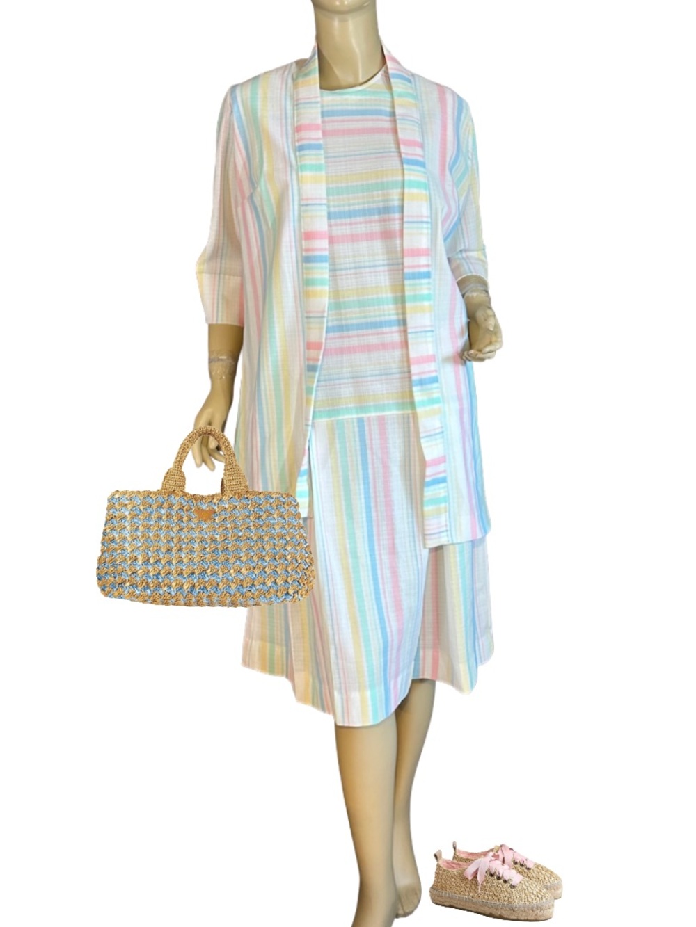 VINTAGE WHITE W/PASTEL STRIPES DROP WAIST DRESS & JACKET 1970’S MATCHING SET (M)